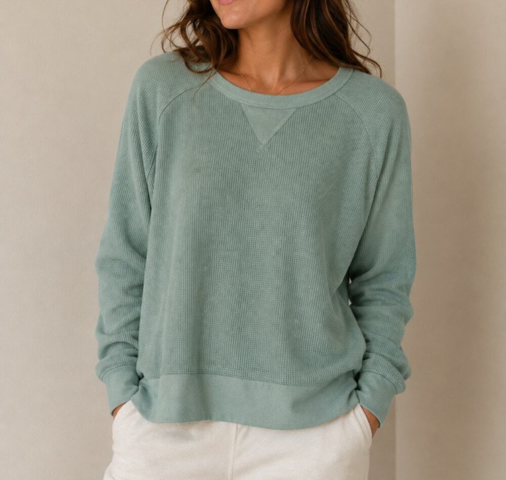 Womens Pact Organic Cotton Waffle Knit Sweatshirt Green Size XL EUC!